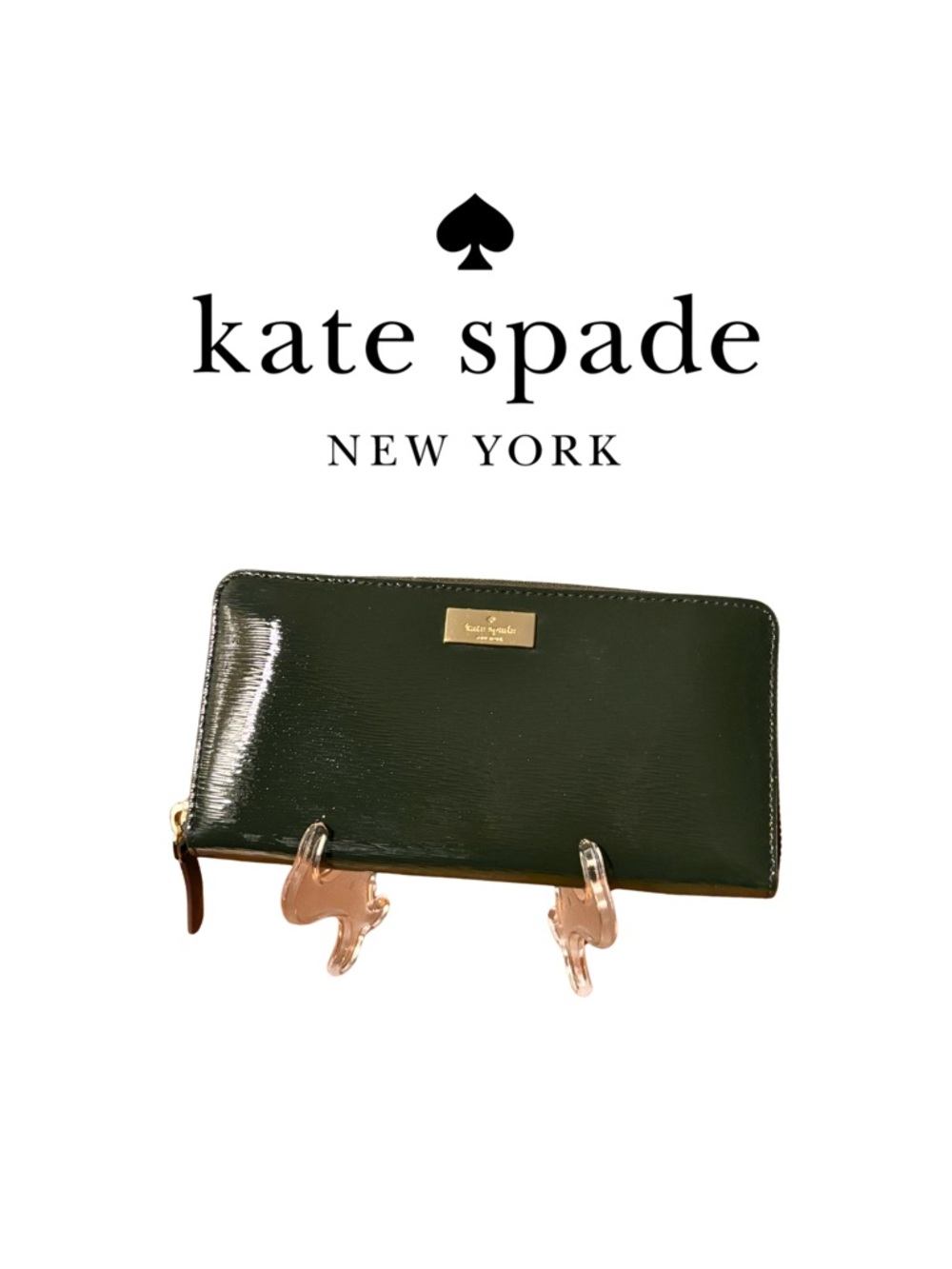 kate spade dark green patent zip-around wallet with gold plaque